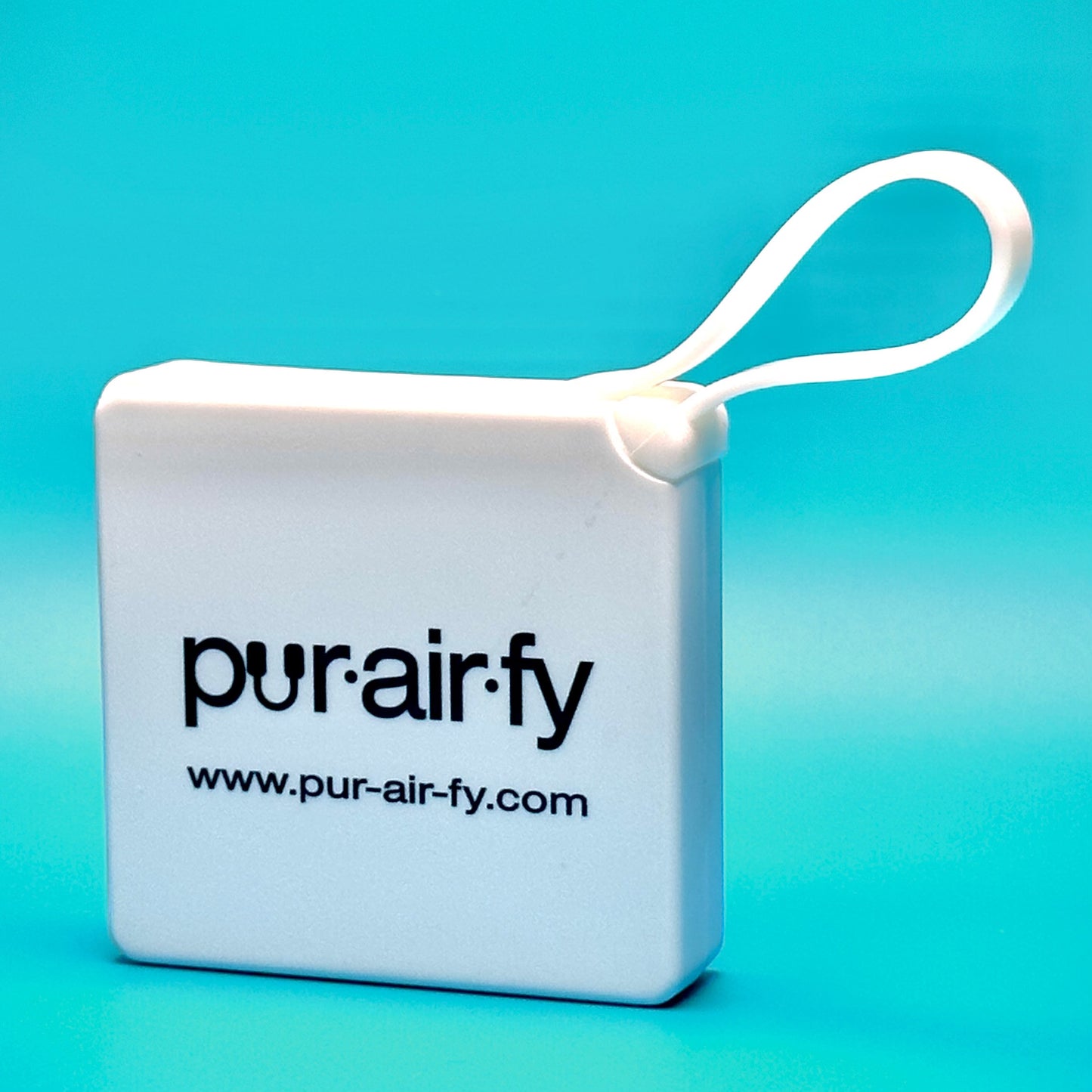 White portable case with the Pur-Air-Fy logo, designed for storing alcohol wipes, featuring a silicone strap for easy carrying