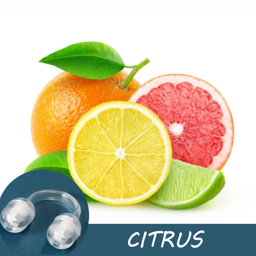 Image of sliced citrus fruits, including orange, grapefruit, lemon, and lime, with a Pur-Air-Fy intranasal inhaler in the foreground. The text "Citrus" is displayed on the image