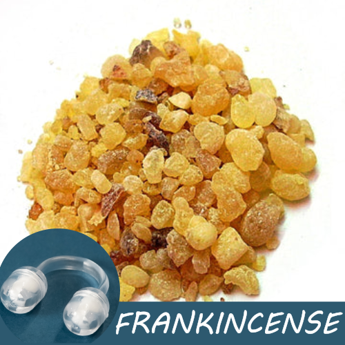 Image of golden frankincense resin with a Pur-Air-Fy intranasal inhaler in the foreground. The text "Frankincense" is displayed on the image