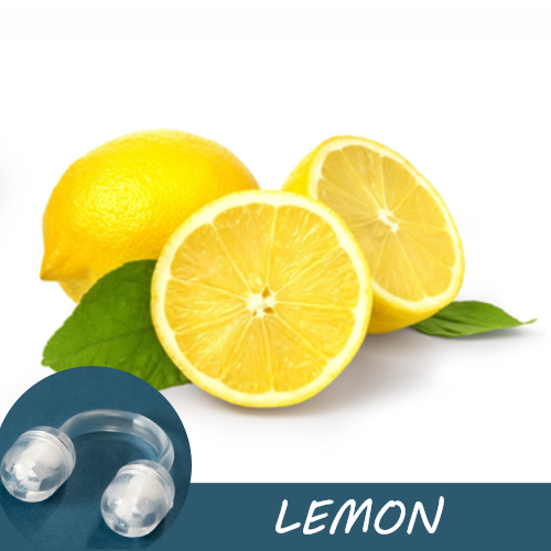 Image of whole and sliced lemons with a Pur-Air-Fy intranasal inhaler in the foreground. The text "Lemon" is displayed on the image
