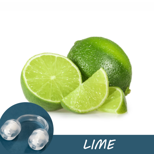 Image of whole and sliced limes with a Pur-Air-Fy intranasal inhaler in the foreground. The text "Lime" is displayed on the image