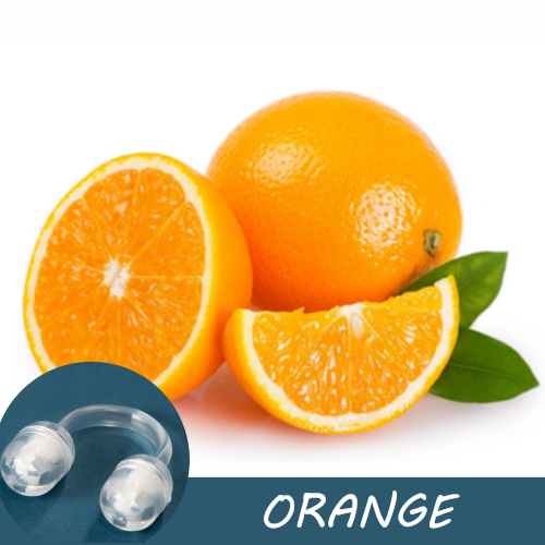 Image of whole and sliced oranges with a Pur-Air-Fy intranasal inhaler in the foreground. The text "Orange" is displayed on the image