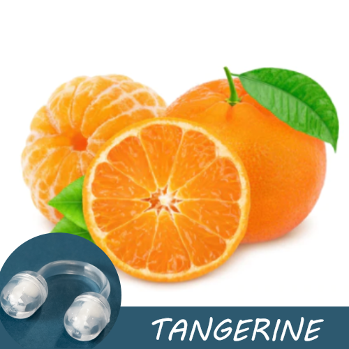 Image of whole and sliced tangerines with a Pur-Air-Fy intranasal inhaler in the foreground. The text "Tangerine" is displayed on the image